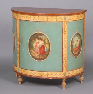 A 1950's Empire style painted demi-lune side cabinet with swag and oval floral panels, the front fitted 3 oval painted panels of classical ladies, raised on bun feet 99cm h x 102cm w x 46cm d 