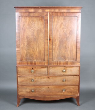A 19th Century bleached mahogany linen press with moulded and dentil cornice, the upper section with hanging rail, the base with 2 short and 2 long drawers with replacement handles, on splayed bracket feet 201cm h x 133cm w x 56cm d 