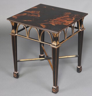 A 20th Century  chinoiserie lacquered effect occasional table with arcaded apron, raised on square tapered supports with X framed stretcher 66cm h x 58cm w x 56cm d 