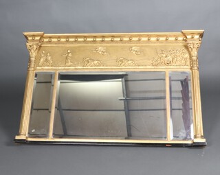 A 19th Century rectangular triple bevelled plate over mantel mirror contained in a gift ball studded frame with reeded columns to the side with Corinthian capitals, the apron decorated charioteers 93cm h x 148cm w x 11cm d 