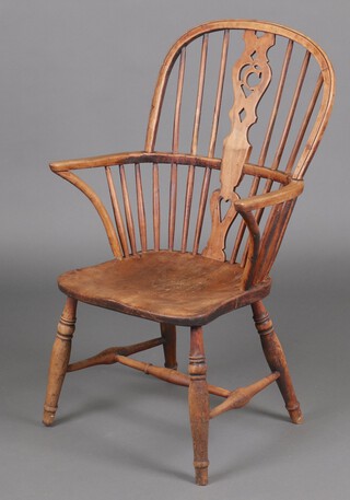 A 19th Century elm and beech Windsor chair (likely Buckinghamshire), shaped arm supports with pierced splat, raised on turned supports with H framed stretcher 97cm h x 57cm w x 40cm d  