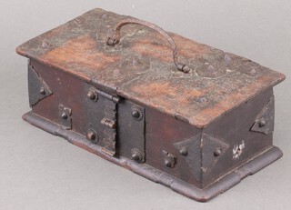 A 19th Century  rectangular Indian hardwood and iron bound trinket box with hinged lid 8cm x 25cm x 12cm  