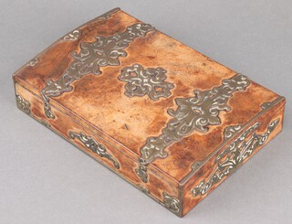 A Victorian figured walnut and brass mounted writing slope with hinged lid and floral patterned banding, interior fitted a tray 5cm x 26cm x 18cm 