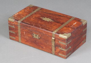 A Victorian rosewood and brass banded writing slope, the lid with brass plaque marked E Pinson January 1st 1853, with fitted interior 16cm x 45cm x 25cm 