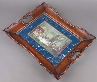 A Victorian mahogany twin handled tray with bracketed border, the centre set a print of a gentleman 5cm h x 45cm w x 38cm d 