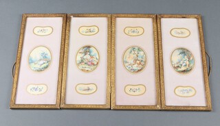 An Edwardian 4 fold wooden and gilt painted table screen, each panel with prints depicting Romantic scenes, 36cm h x 64cm w 