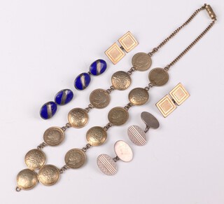A silver gilt coin necklace 40cm and 3 pairs of cufflinks 