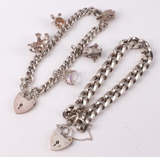 A silver charm bracelet with padlock and 5 charms and a silver bracelet with heart shaped locket, 68 grams 