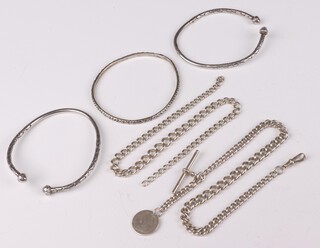 A silver Albert, 3 bangles and a watch chain, 122 grams 