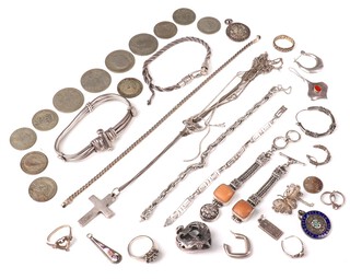 A lady's silver Greek key pattern bracelet 18cm, other items of silver jewellery and a small quantity of pre-1947 coinage, gross weight 298 grams