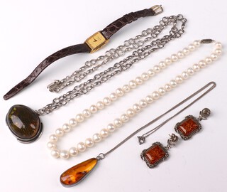 A cultured pearl necklace 40cm together with items of amber and silver jewellery 