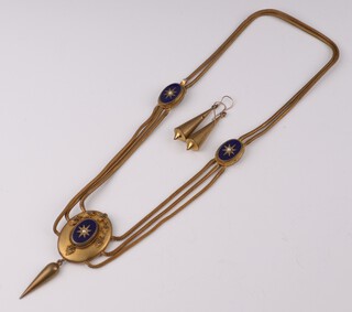 A Victorian gilt, enamelled and seed pearl Etruscan style necklace 48cm, together with a pair of ensuite ear drops 