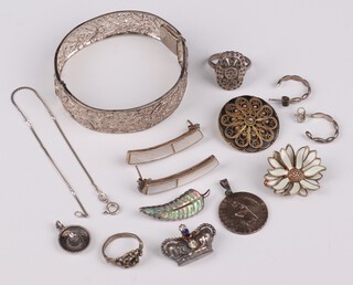 A silver filigree bangle and other items of silver jewellery gross weight 66grams