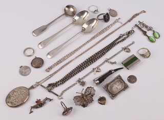 A silver Albert with T bar and 2 clasps, a silver and enamelled sweetheart brooch and other items of silver jewellery, gross weight 180 grams 