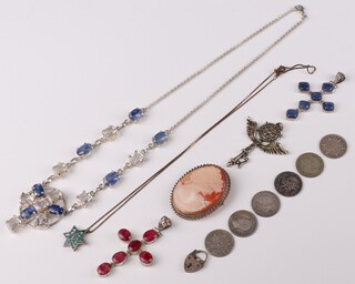 A silver and hardstone cross pendant and other items of silver jewellery 