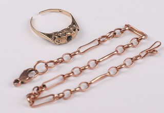A 9ct yellow gold bracelet 18cm and a cut 9ct sapphire and diamond ring, gross weight 4.6 grams