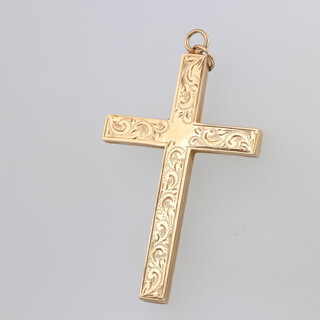 A yellow gold, testing as 14ct engraved cross pendant, 55mm, 4.8 grams 
