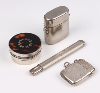 A silver and tortoiseshell trinket box London 1904, 4cm, a vesta, pencil and plated inkwell 