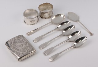 A silver cigarette case with engraved decoration and monogram, Chester 1915, 2 napkin rings and 6 silver spoons, 238 grams 