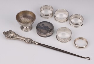 A Victorian silver table salt London 1872, 5 napkin rings, a button hook and an Egyptian silver box, weighable silver 148 grams  