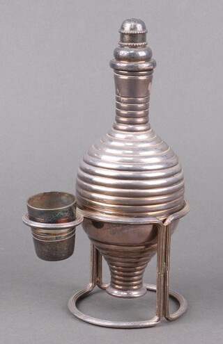 An unusual Continental silver plated spherical decanter on stand with tot, 24cm 