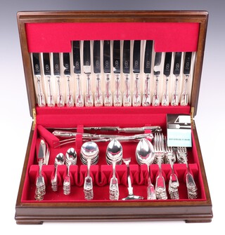 A George Butler canteen of silver plated Kings Pattern cutlery for 8 (89), contained in a mahogany canteen