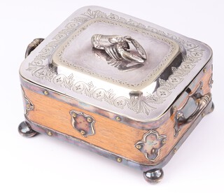 An Edwardian oak silver plated mounted sardine box, the lid handle in the form of a lobster, on ball feet 20cm 
