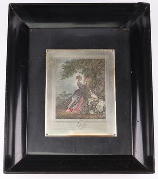 A silvered miniature plaque Lady Rushout and daughter, after Angelica Kaufman, 27cm x 22cm, 3 others Marton 15cm x 11cm, Le Chiffre D'amour 15cm x 13cm and La Famille du Fermier 15cm x 16cm, all in ebonised frames 