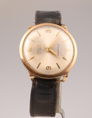 A gentleman's 9ct yellow gold Paris wristwatch on a leather bracelet, 32mm, (not working)