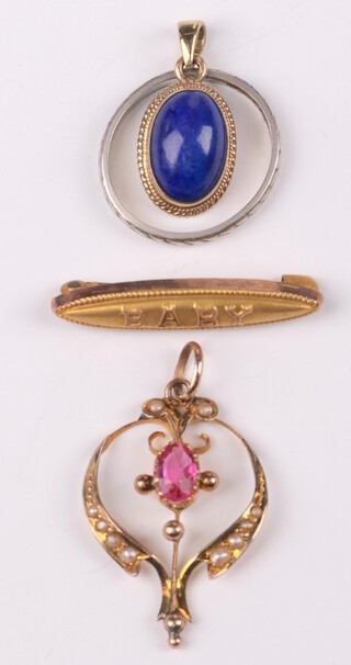 A platinum wedding band 2.4 grams, size L, a 9ct pendant, brooch and pendant 6.1 grams 