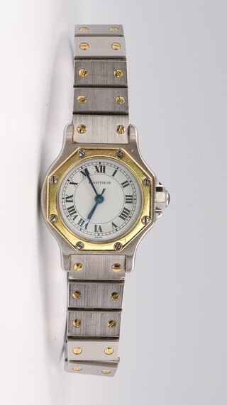 A lady's bi-metallic Cartier automatic wristwatch contained in an octagonal 25mm case with sapphire winder, (in working order)