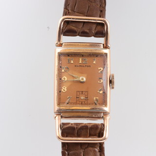 An Art Deco 14ct gold plated wristwatch, the dial inscribed Hamilton with seconds at 6 o'clock, 22mm (not working) 