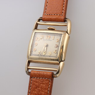 A gentleman's unusual 14ct gold plated Hamilton wristwatch with winder at 12 o'clock, 25mm (not working) 