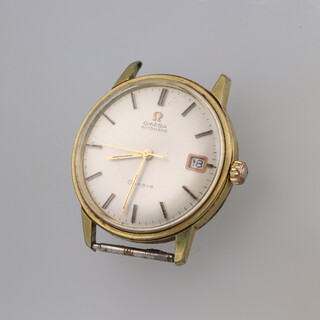 A gentleman's gilt cased Omega automatic calendar wristwatch, the movement numbered 26414146, the case 166.037, 35mm (not working) 