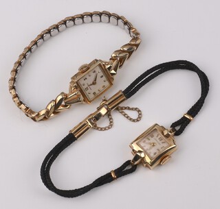 Two lady's 9ct yellow gold wristwatches, 1 on a gilt bracelet, 1 on a silk bracelet