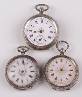 Three lady's Edwardian Continental silver fob watches, all key wind, 40mm, 35mm and 35mm (none are working) 