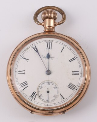 A gentleman's unusual 19th Century Waltham gilt cased mechanical pocket watch  with seconds at 6 o'clock and visible movement, numbered 25024784, 48mm (in working order) 