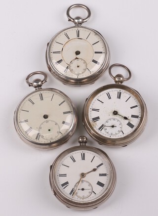 A Victorian silver key wind pocket watch with seconds at 6 o'clock, the movement numbered 5675 50mm, London 1868 and 3 others (all not working) 
