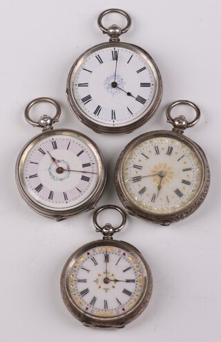 A lady's Continental Edwardian silver fob watch with enamelled dial 35mm and 3 others (all not working) 