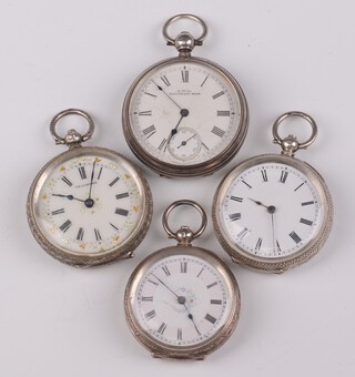 A lady's Edwardian Continental silver fob watch with enamelled dial 40mm and 3 others (all not working) 