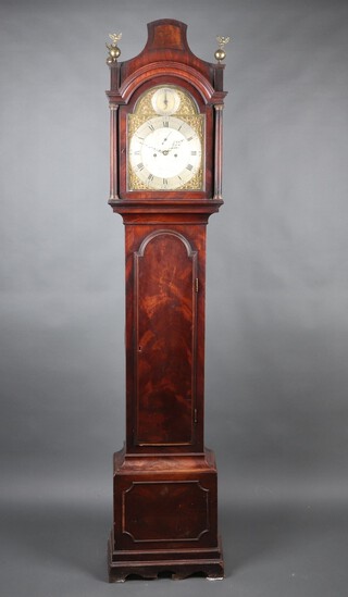 Henry Weedon of London, a George II 8 day longcase clock with 5 pillar movement, striking on a bell, the 30cm arched gilt dial with strike/silent dial, minute indicator, gilt spandrels, complete with pendulum, weights and key, contained in a mahogany case with replacement gilt finials 230cm h 