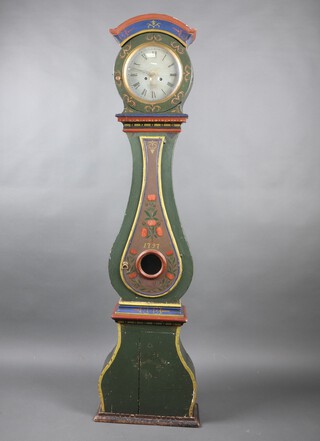 An 18th/19th Century Scandinavian 8 day striking longcase clock, the 27cm circular grey painted dial with Roman numerals, having a bird cage movement, striking on 2 bells, contained in a shaped and green painted case marked 1797, 200cm h, complete with pendulum, weights and key 