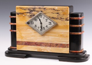 A French Art Deco timepiece, the 17cm diamond shaped silvered dial with Arabic numerals, contained in a 4 colour marble case 28cm h x 48cm w x 11cm d, complete with key 