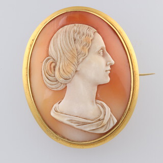 A fine 19th Century Neri Brothers carved cameo portrait brooch of a lady facing right, contained in an 18ct yellow gold mount, engraved Portrait of Ann Elizabeth Bingham nee' Griffith, taken at Rome by Neri AD 1862, makers mark F.B, the reverse inscribed Neri, 48mm x 42mm  