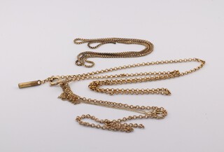 Three 9ct yellow gold necklaces 30cm, 36cm and 50cm (all a/f), 5.4 grams 