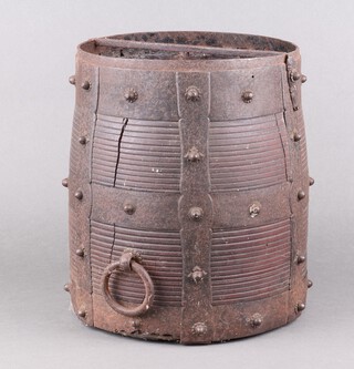 An Eastern circular wooden and metal bound pail with stud work decoration 30cm x 25cm 