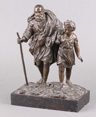 A 19th Century bronze figure group of a standing pilgrim, boy and snake, raised on a rectangular black marble base (possibly St Patrick) 26cm x 19cm x 11cm 