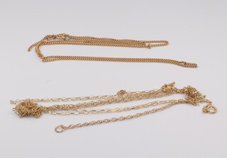 Four 9ct yellow gold necklaces 28cm, 30cm, 40cm and 40cm (all a/f), 4.9 grams  