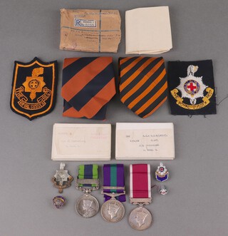 A group of 3 medals to 6394302, Corporal later Colour Sergeant J Powlesland Royal Sussex Regt., comprising India General Service medal 1909, 1 bar North West Frontier 1931-1936 Royal Mint issue, Army RAF General Service medal 1918-1962 1 bar Palestine, George VI issue Army Long Service Good Conduct with original paper box and letter confirming award dated 28th March 1949, 2 Royal Sussex Regiment ties, 2 blazer badges, Royal Sussex Regimental Association lapel badge, British Legion lapel badge, 1 other and a Royal Sussex lapel badge 
