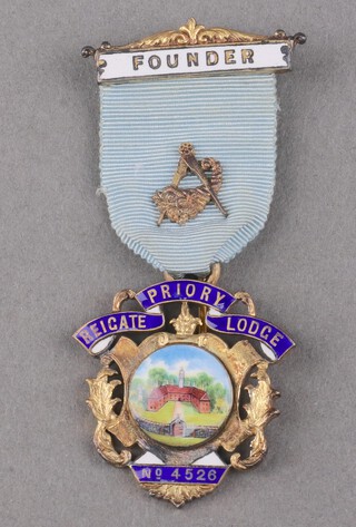 Masonic, a silver gilt and enamel Founding Steward's jewel for Reigate Priory Lodge no.4526, 27 grams, London 1923